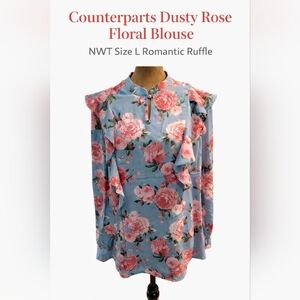 NWT Counterparts Dusty Rose Floral Blouse Romantic Ruffle Size Large